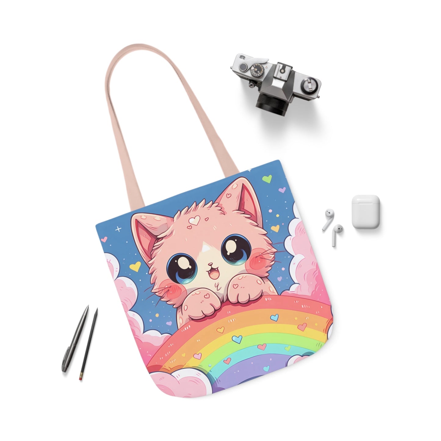 Cute Kitten With a Rainbow - Tote Bag - Accessories- 18" × 18'' - Light Pink - Design - The Lucky Wombat