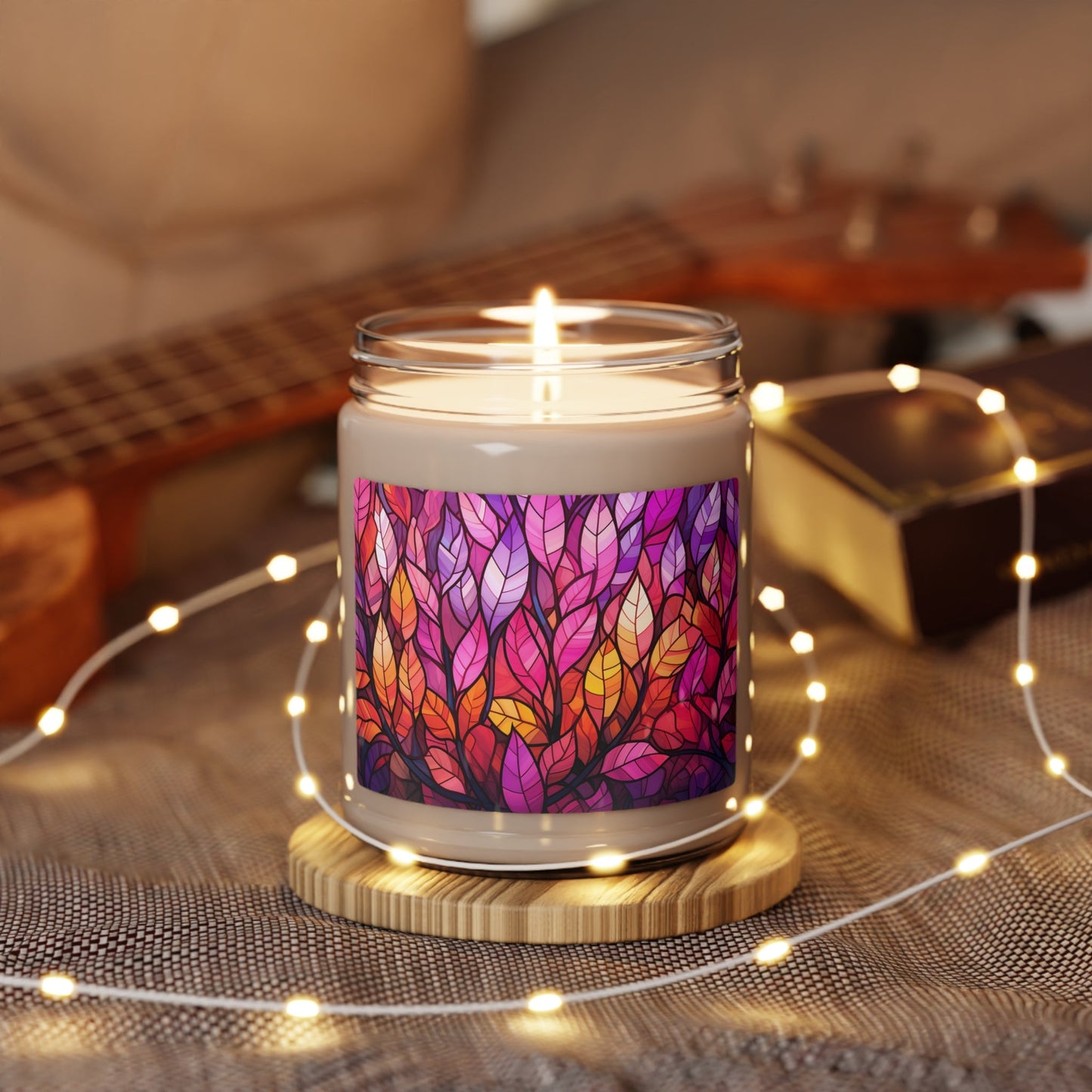 Lesbian Pride Flag Colors, Vivid Leaf Pattern, Lush Nature-Inspired Design | Stained Glass Forest Candle | Scented Candle 9oz