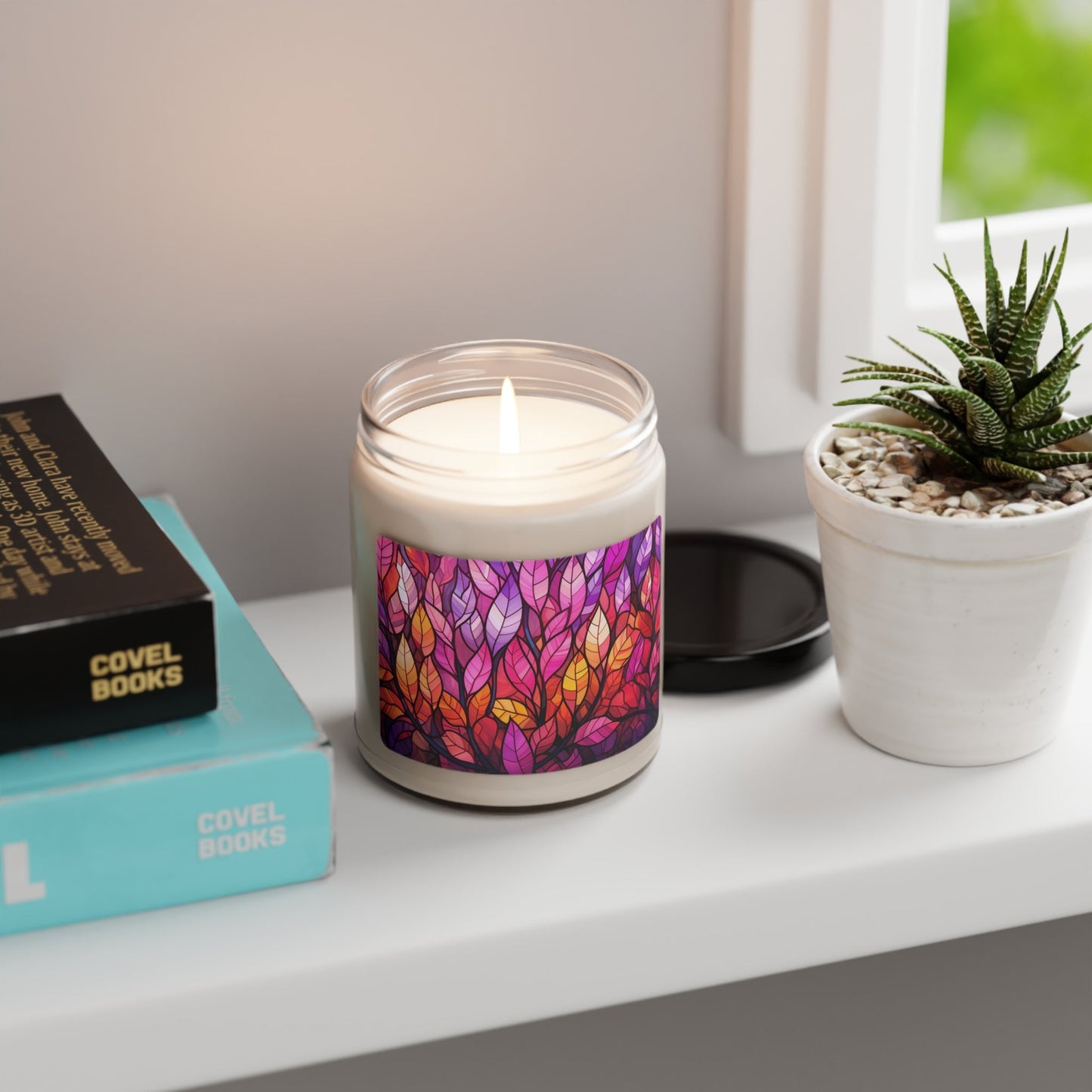 Lesbian Pride Flag Colors, Vivid Leaf Pattern, Lush Nature-Inspired Design | Stained Glass Forest Candle | Scented Candle 9oz