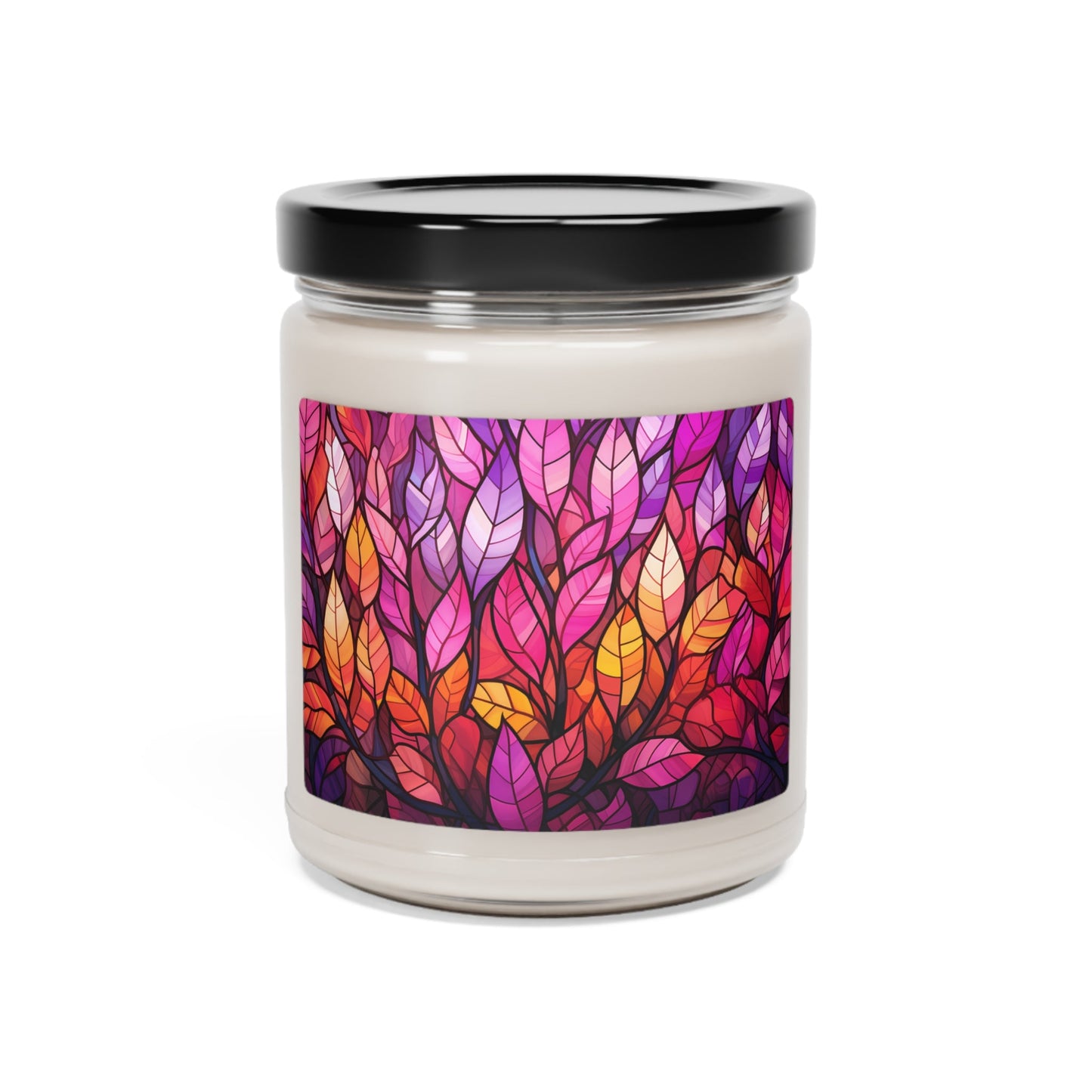 Lesbian Pride Flag Colors, Vivid Leaf Pattern, Lush Nature-Inspired Design | Stained Glass Forest Candle | Scented Candle 9oz