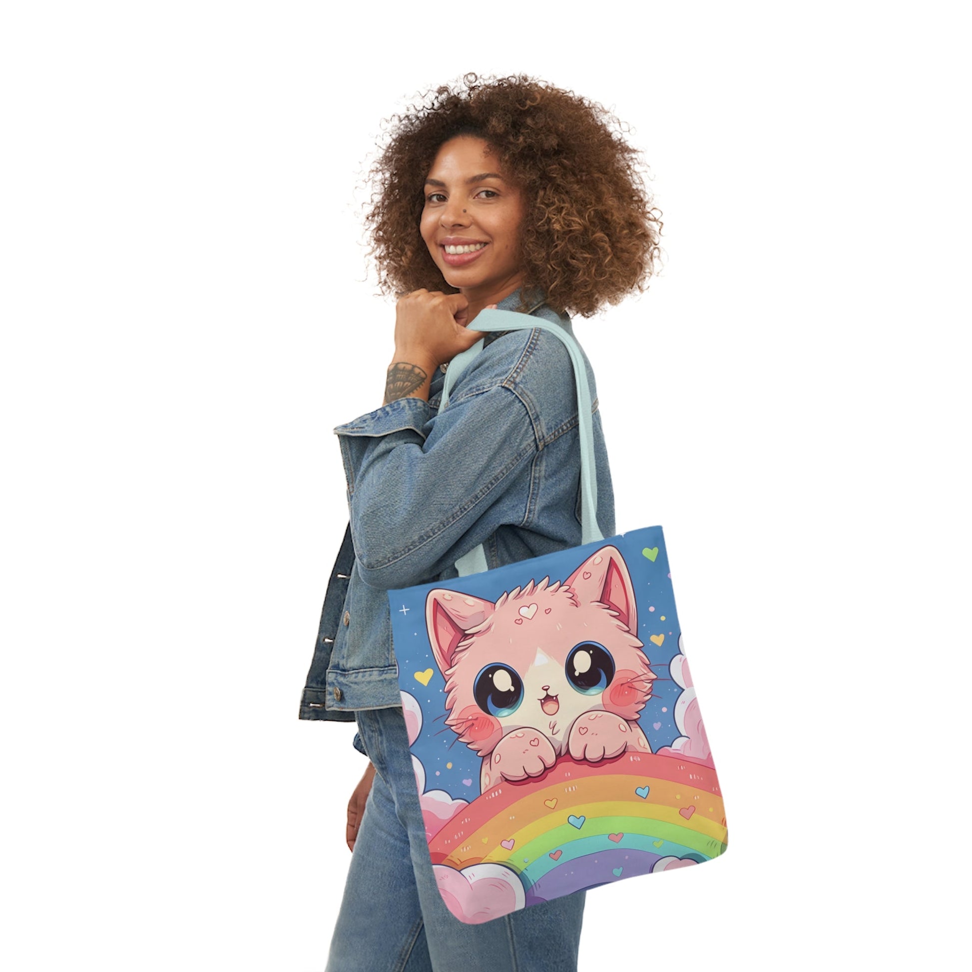 Cute Kitten With a Rainbow - Tote Bag - Accessories- 18" × 18'' - White - Design - The Lucky Wombat