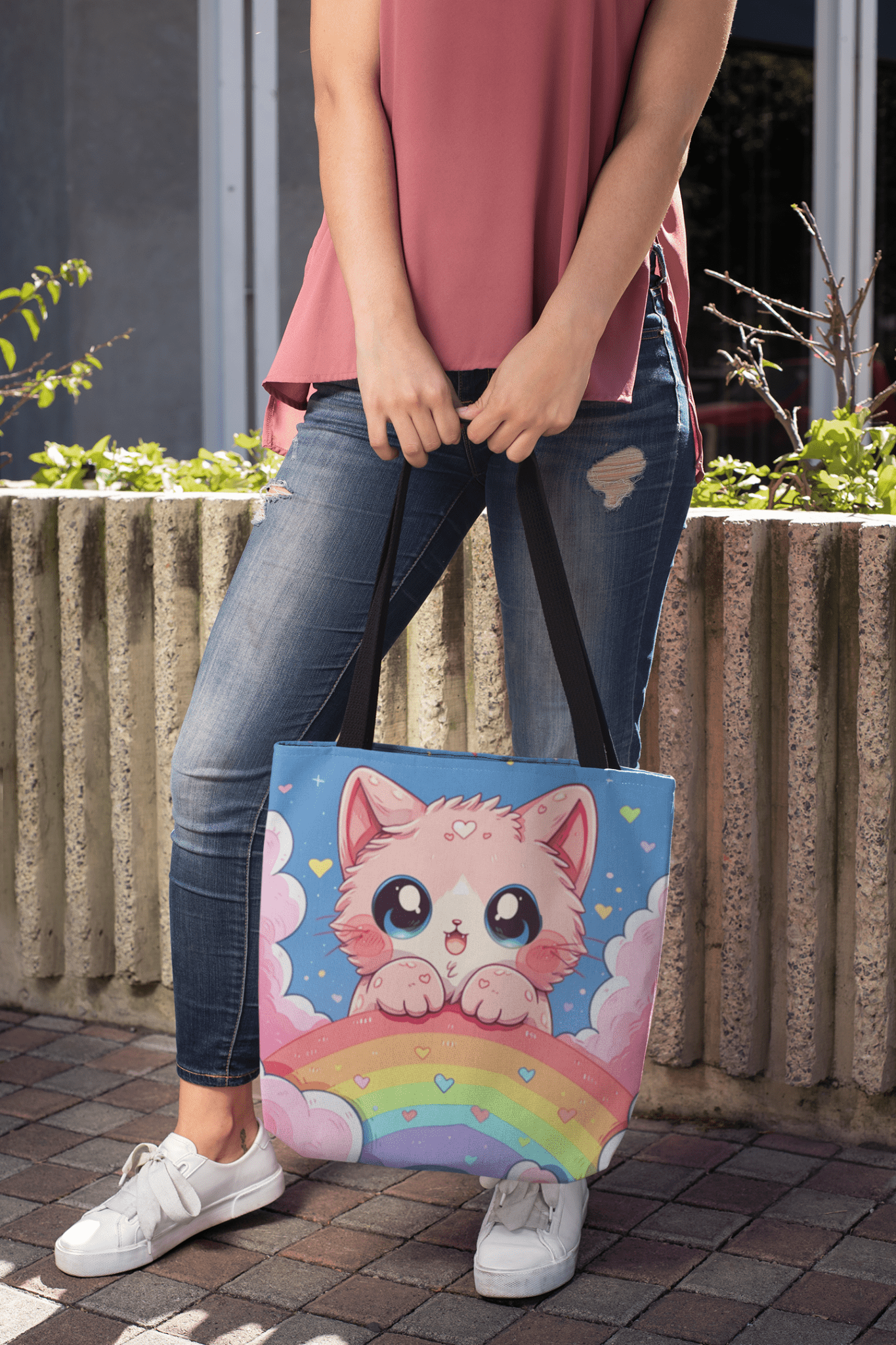 Cute Kitten With a Rainbow - Tote Bag - Accessories- 18" × 18'' - Black - Design - The Lucky Wombat