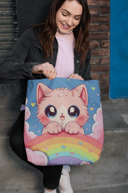 Cute Kitten With a Rainbow - Tote Bag - Accessories- 18" × 18'' - Black - Design - The Lucky Wombat