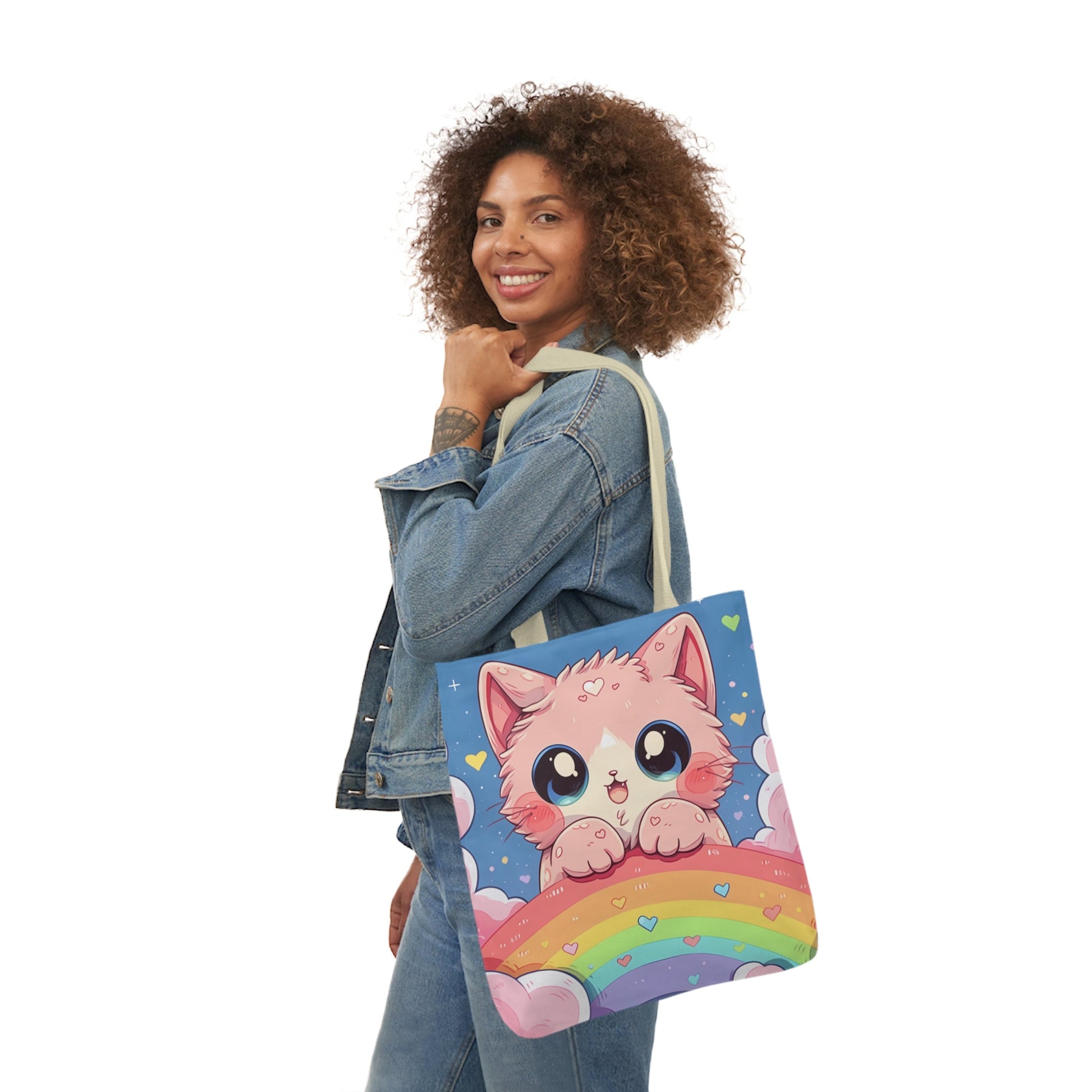 Cute Kitten With a Rainbow - Tote Bag - Accessories- 18" × 18'' - White - Design - The Lucky Wombat