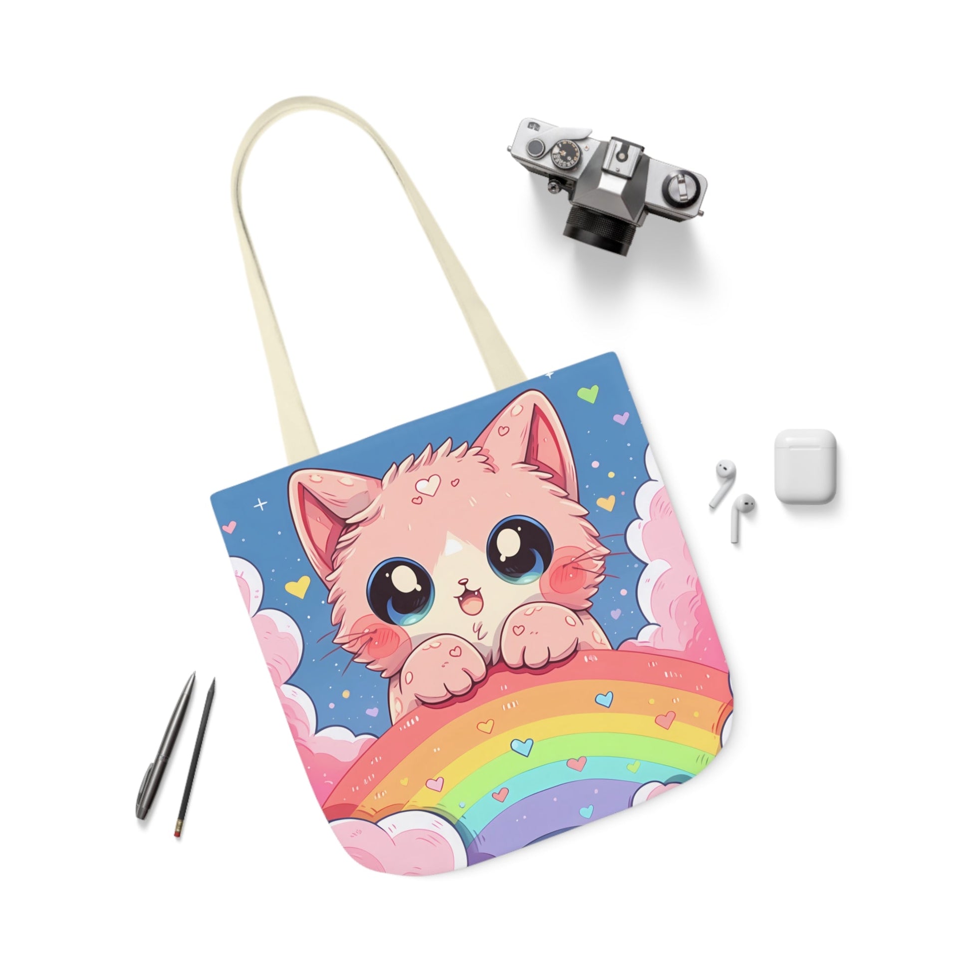 Cute Kitten With a Rainbow - Tote Bag - Accessories- 18" × 18'' - White - Design - The Lucky Wombat