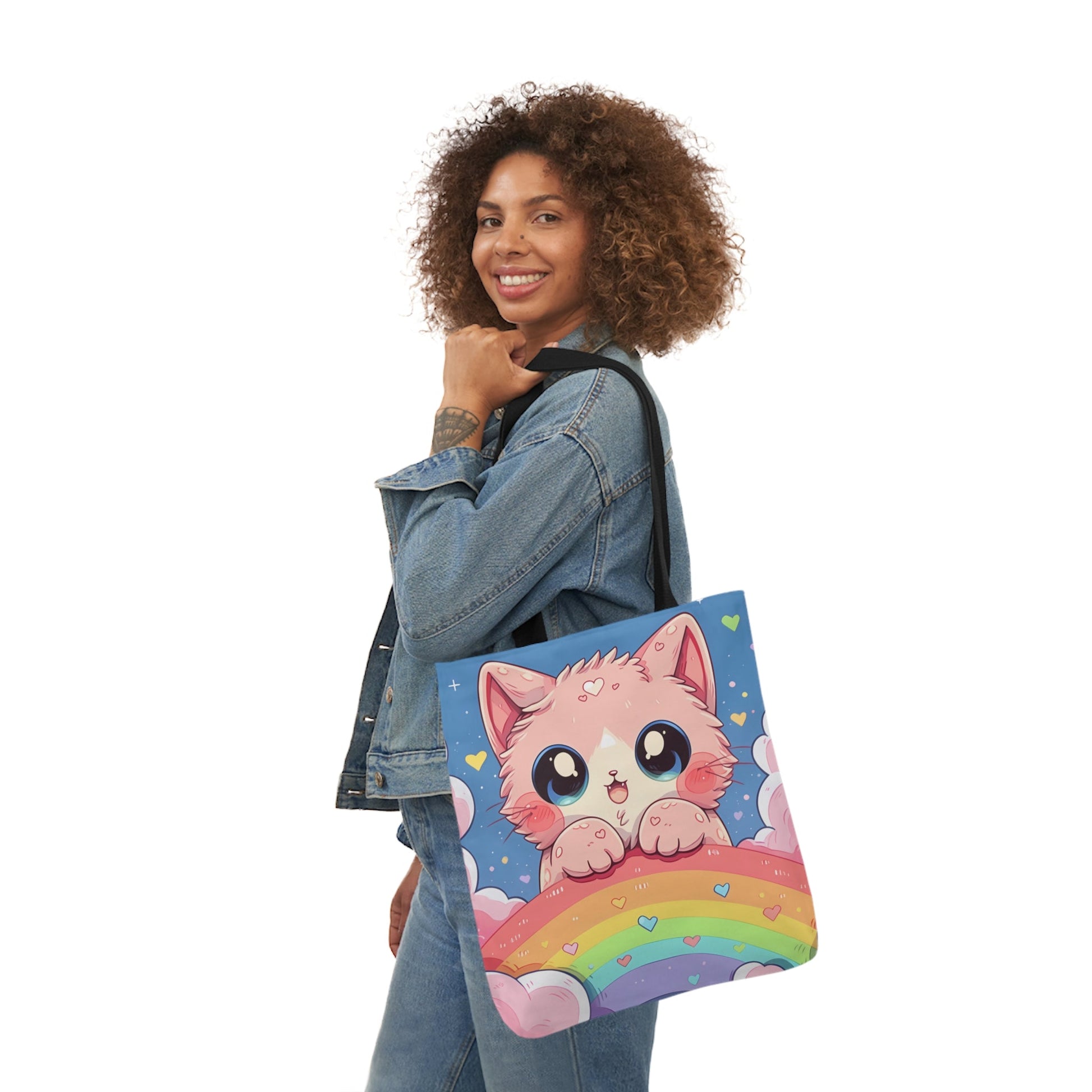 Cute Kitten With a Rainbow - Tote Bag - Accessories- 18" × 18'' - Black - Design - The Lucky Wombat
