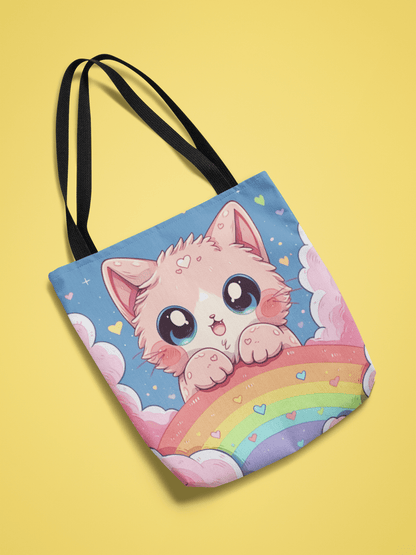 Cute Kitten With a Rainbow - Tote Bag - Accessories- 18" × 18'' - Black - Design - The Lucky Wombat