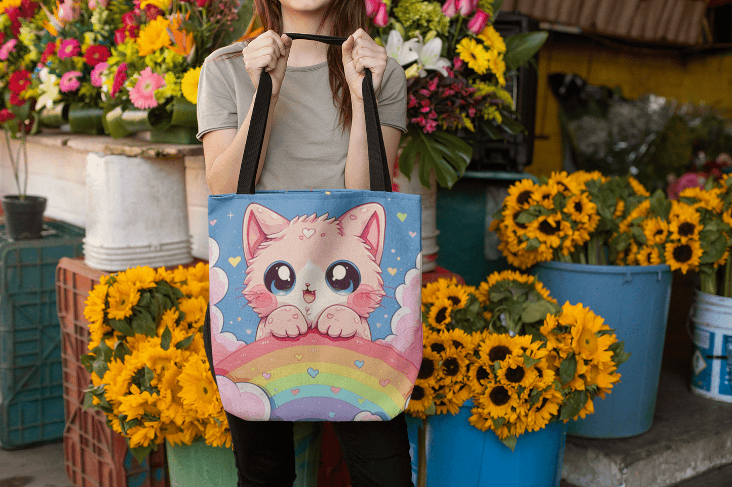 Cute Kitten With a Rainbow - Tote Bag - Accessories- 18" × 18'' - Black - Design - The Lucky Wombat