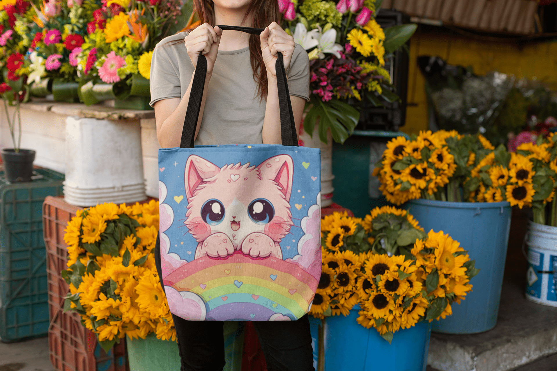 Cute Kitten With a Rainbow - Tote Bag - Accessories- 18" × 18'' - Black - Design - The Lucky Wombat