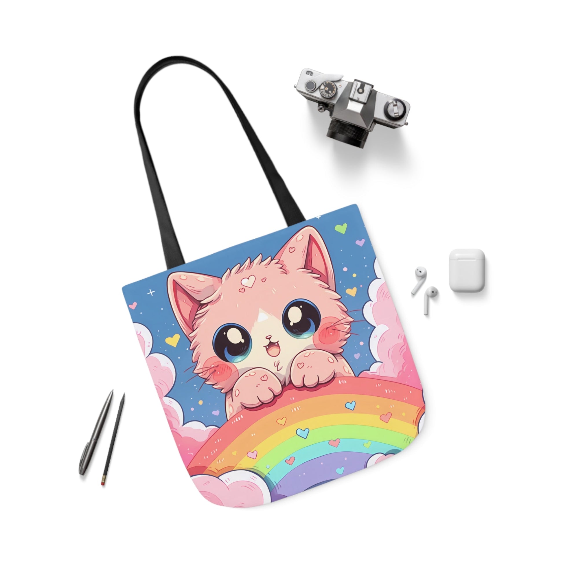 Cute Kitten With a Rainbow - Tote Bag - Accessories- 18" × 18'' - Black - Design - The Lucky Wombat
