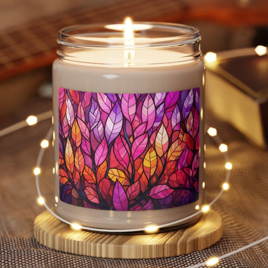 Lesbian Pride Flag Colors, Vivid Leaf Pattern, Lush Nature-Inspired Design | Stained Glass Forest Candle | Scented Candle 9oz