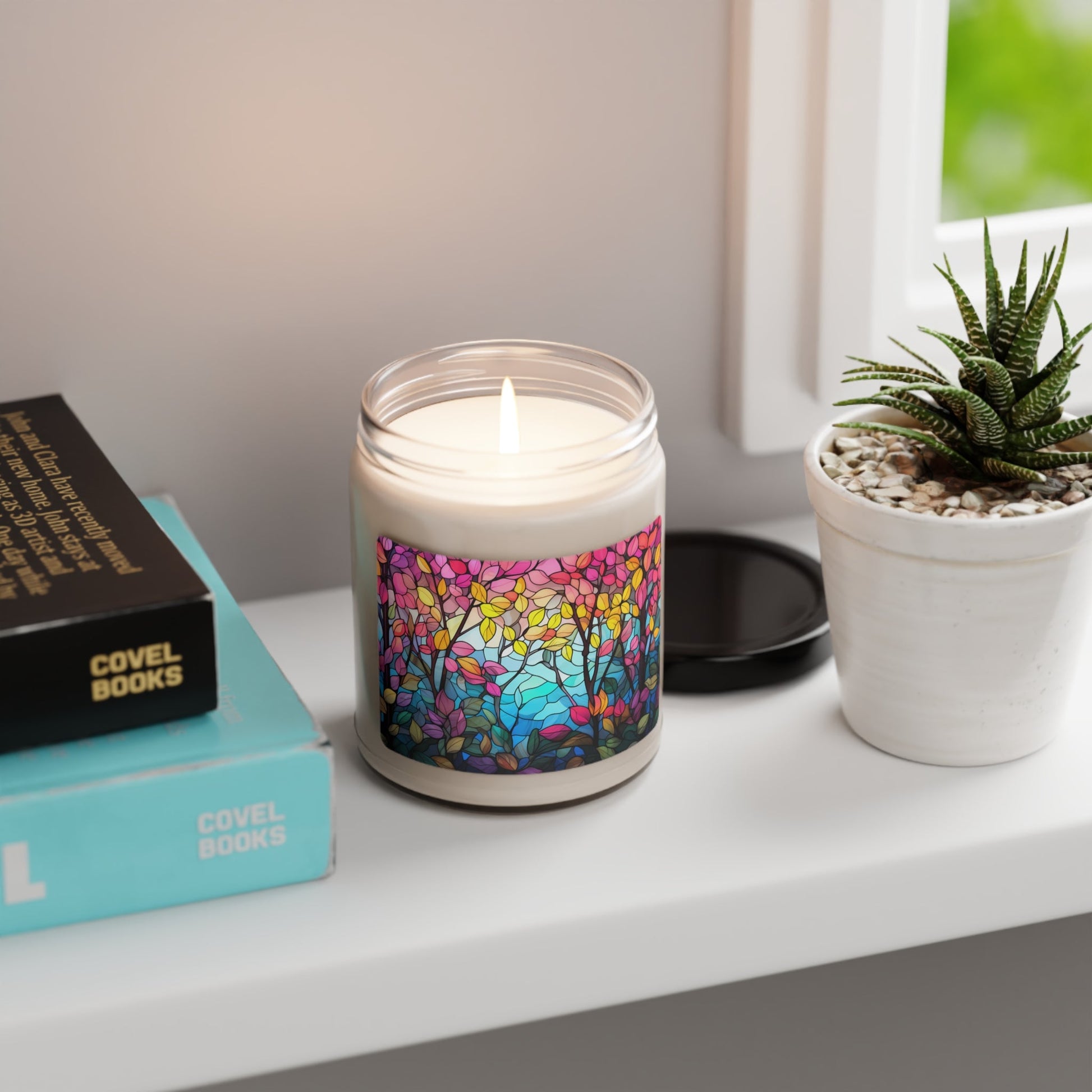 Pansexual Pride Forest Candle - Adobe with Stained Glass Landscape Design | Stained Glass| Scented Soy Candle, 9oz