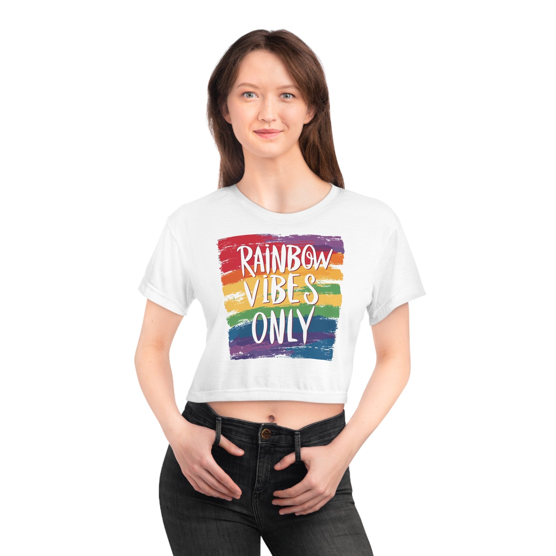 Rainbow vibes only Square - White Crop Top - All Over Prints - The Lucky Wombat